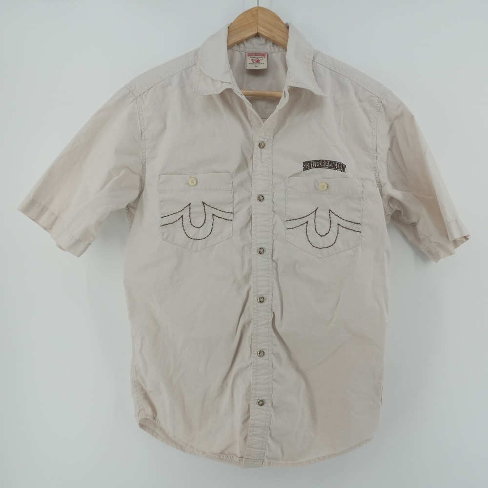 True Religion Button Down Shirt Mens M Tan Short Sleeve Western Horseshoe Logo